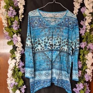 Onque Woman Blue Patterned V-Neck Long Sleeve Tee